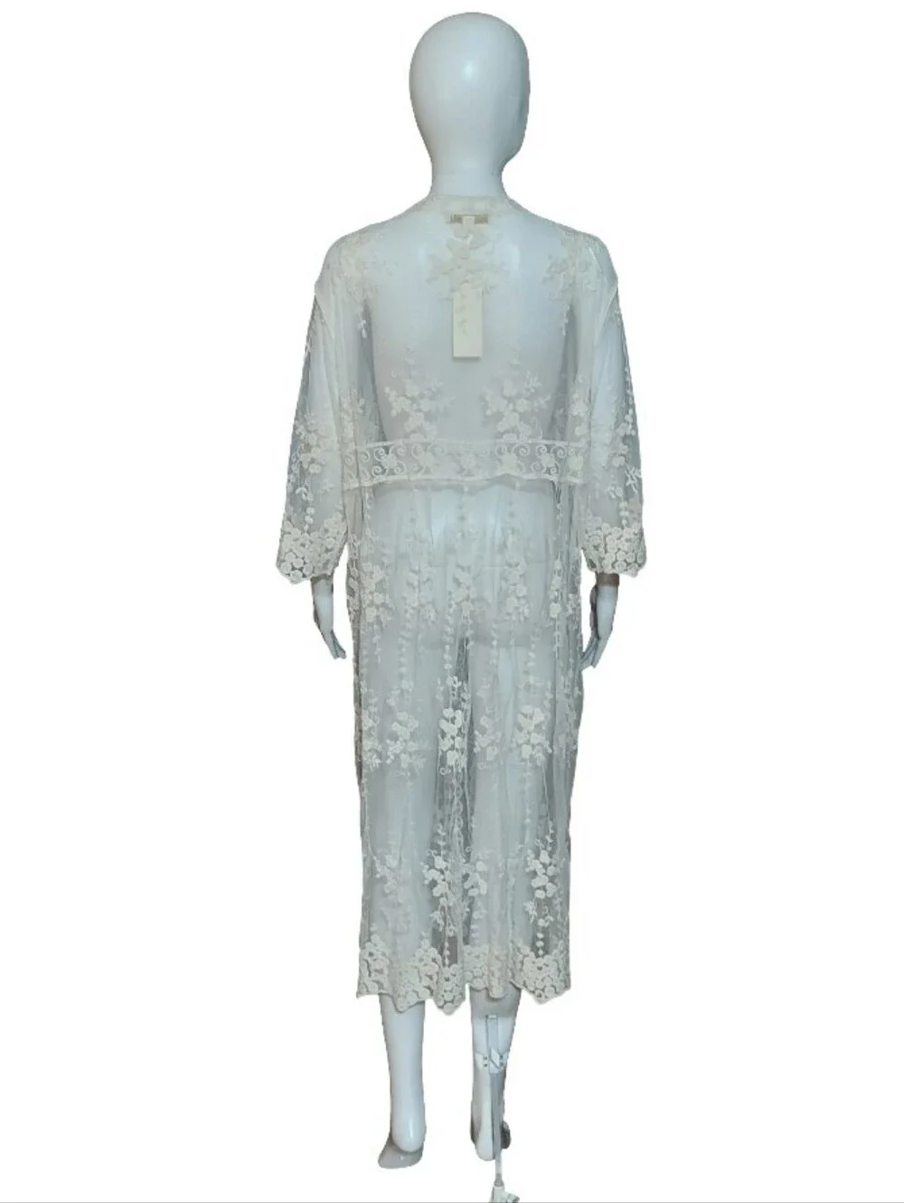 Thirty/Thirty LA Sheer Mesh Crochet Lace Kimono Tie Waist Cover Up